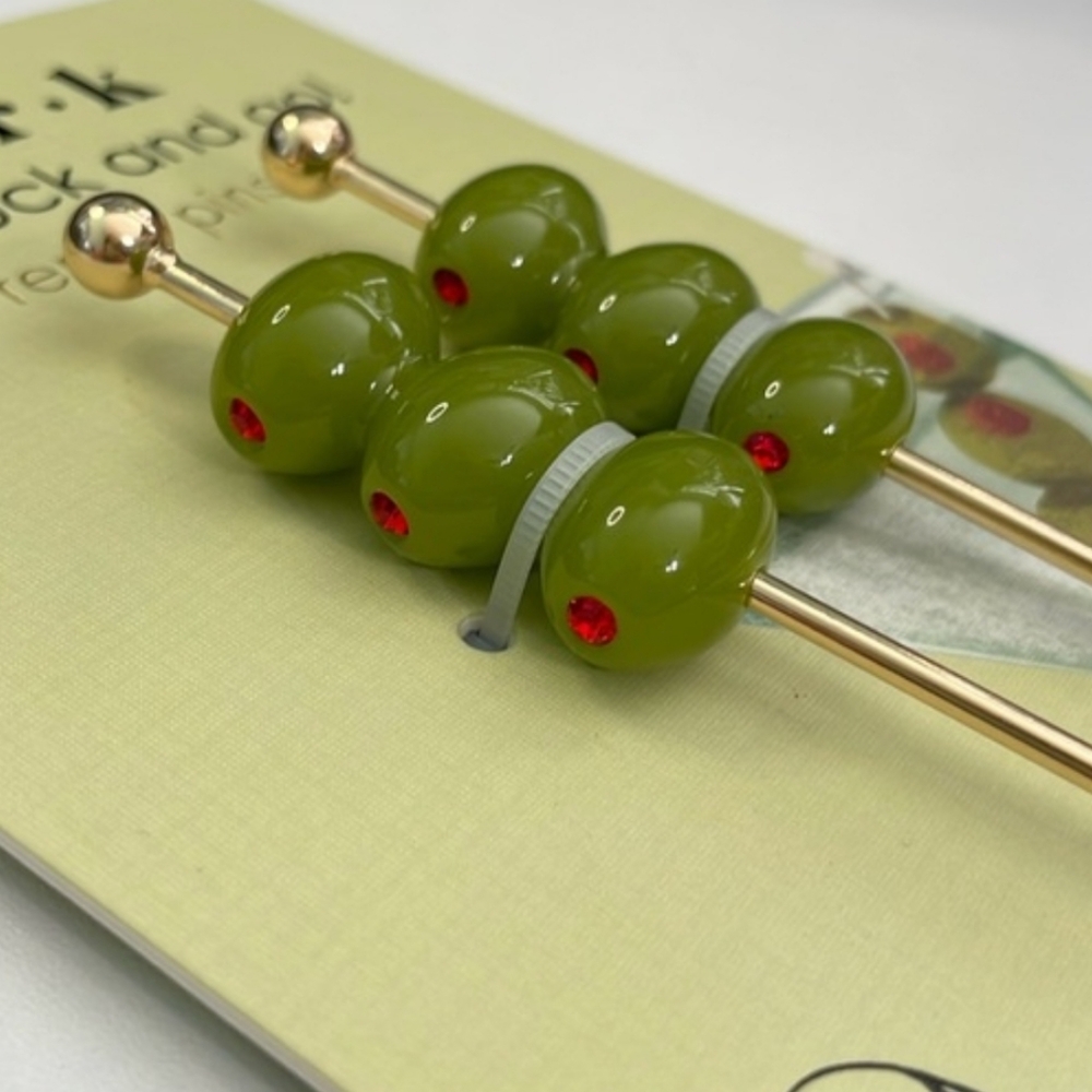 Piper K Olive Hair Pick Green W Red Detail Hair Sticks BRAND NEW